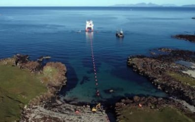 A cable-laying vessel off the shore of Mull, viewed from above