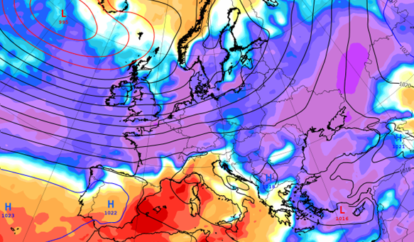 Colour image of UK and Europe weather map