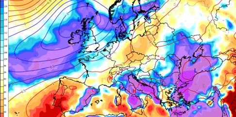 Colour graphic of UK and Europe weather patterns