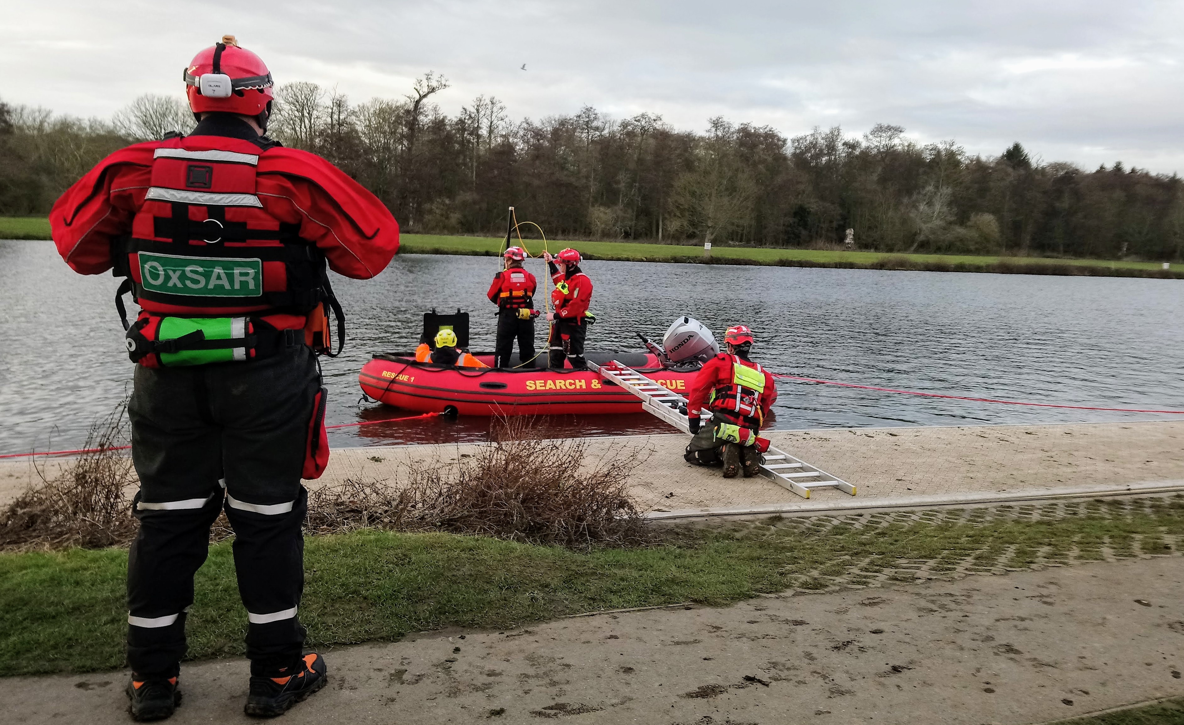 Boat on river with rescue crew