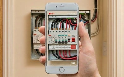 A person using their smartphone to gather footage of the electricity equipment within their property