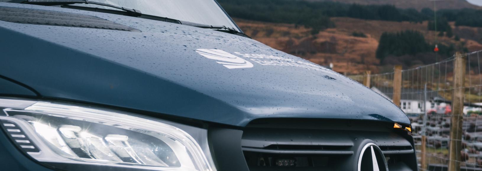A close-up image of the front of an SSEN-branded storm response vehicle