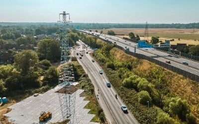 An aerial view of the M4 at the location where the new power line will be installed during the weekend closure