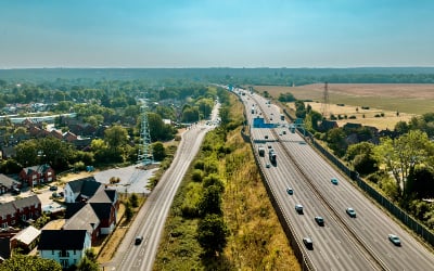 An aerial view of the M4 at the location where the new power line will be installed during the weekend closure