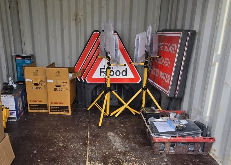 The emergency equipment being stored in the newly-purchased storage container