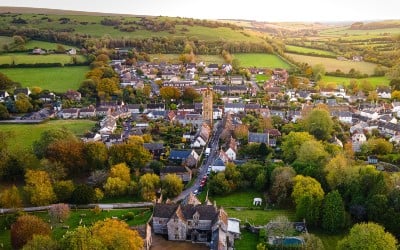 An aerial view of the centre of Cerne Abbas village