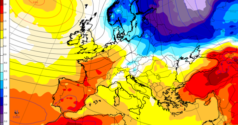 Colour image of UK and Europe weather map
