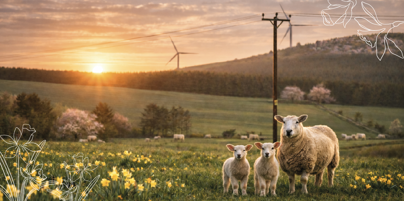 Sheep in field, in front of SSEN overhead network.
