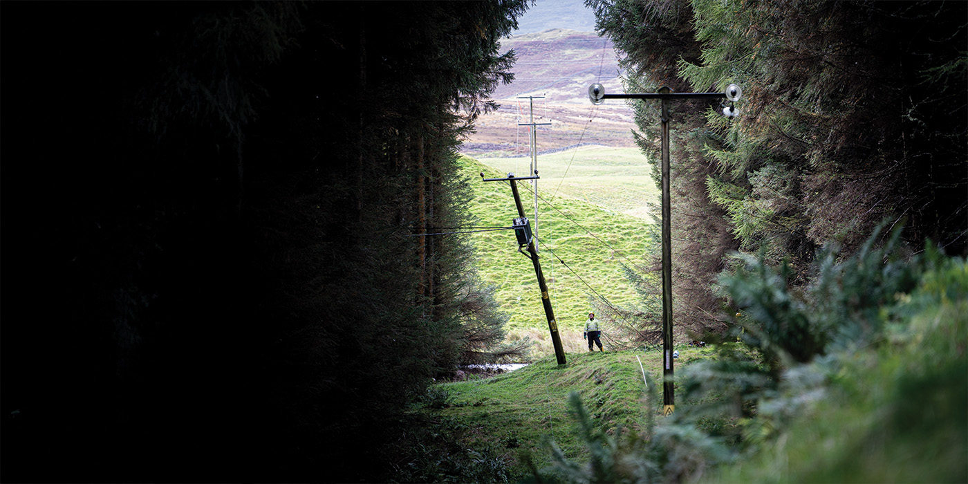 An engineer inspecting a damaged span of the network