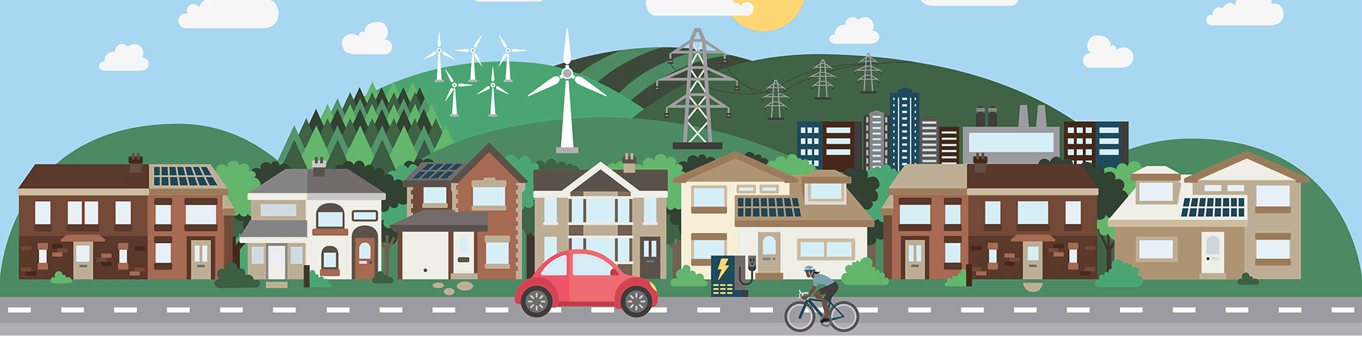 SAVE Banner with cartoon imagery of houses and electricity network