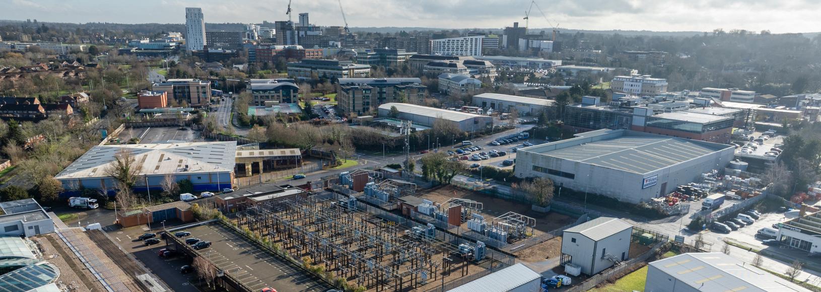 An aerial shot of the town of Bracknell, with the homes and businesses connected to the SSEN substation in the foreground