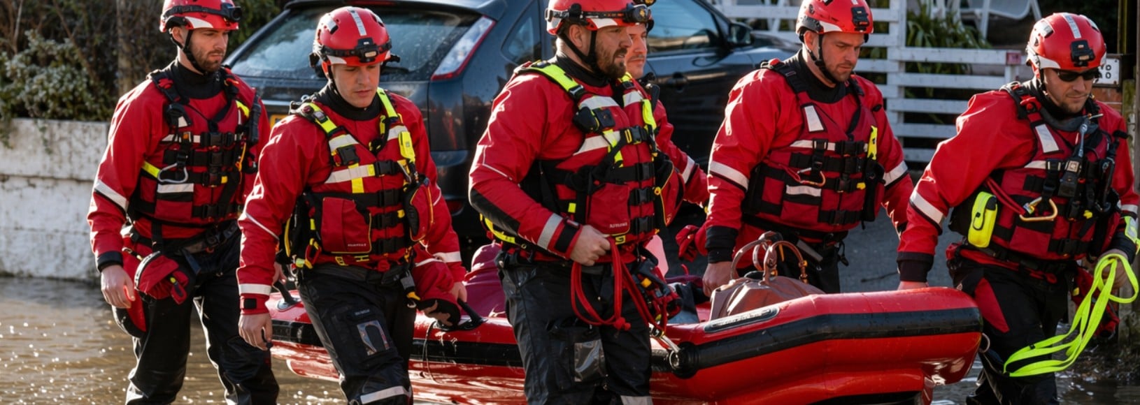 Group of rescue workers carrying life boat through shallow flood water