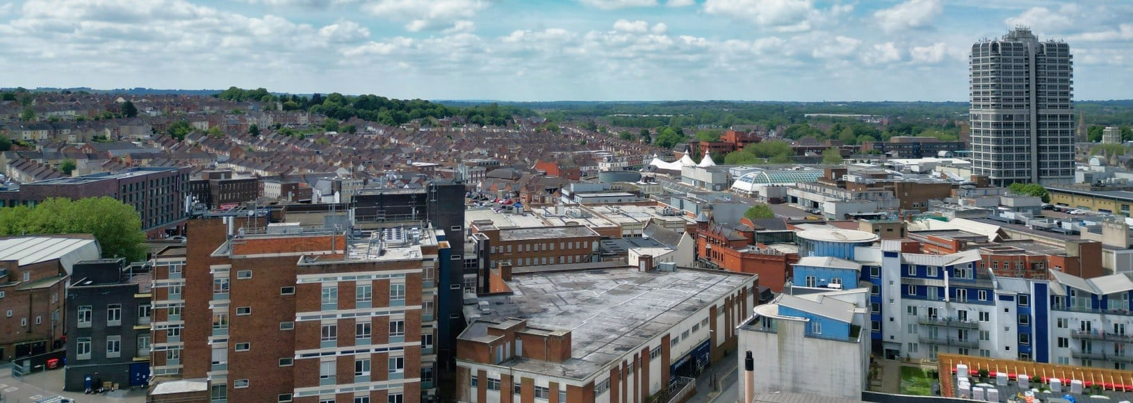 A view of the skyline across the centre of Swindon on a bright day